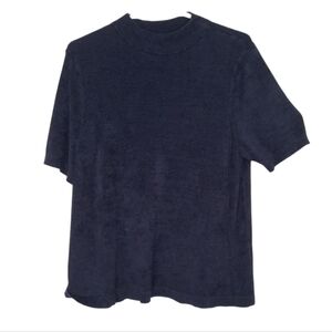 Loft Navy Funnel Neck Short Sleeve Terry Knit Sweater Stretchy Womens Size XL